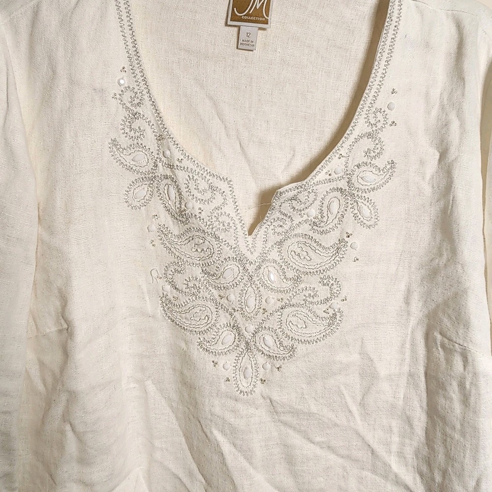 JM Collection White Linen Beaded Embroidered Tunic Top Women's 12 Boho Beach